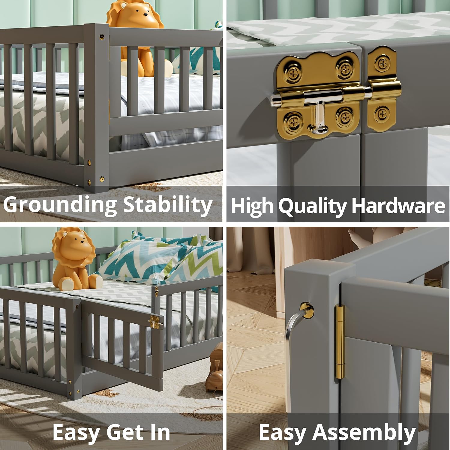 i-POOK Queen Floor Bed for Children, Sturdy Wood Montessori Bed Frame with Wood Slats, Fence & Door, Montessori Floor Bed for Girls and Boys, Gray