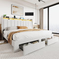 SHA CERLIN Velvet King Size Bed Frame with Vertical Channel Tufted Wingback Headboard & 2 Storage Drawers/2-Tier Shelves with LED Lights & Charging Station/Noise-Free/No Box Spring Needed/White