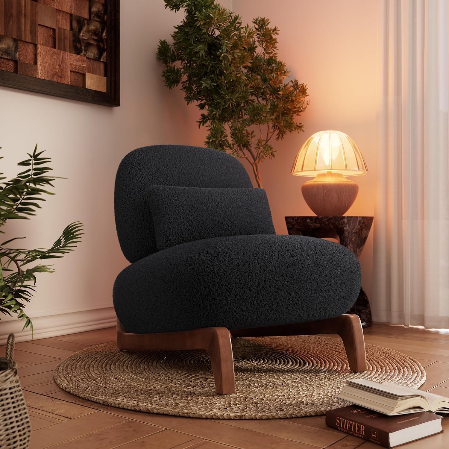 Morden Fort 2 Piece Cloud Couch Set, Modern Sherpa Boucle Sofa Set with Wood Legs, Skin-Friendly Minimalist Upholstered Comfy Couch Sofas for Living Room, 3-Seater Sofa & Tilt Back Chair, Black