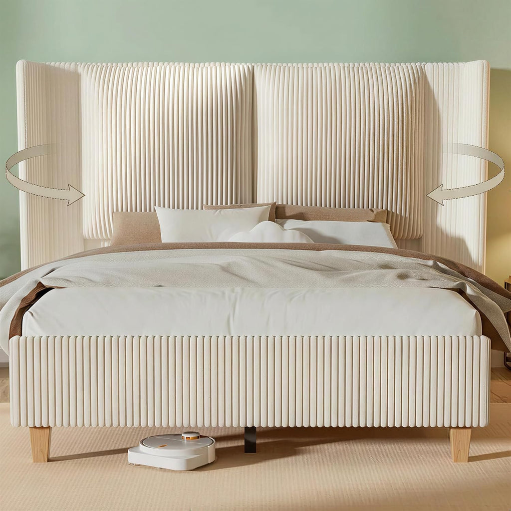 Full Upholstered Bed Frame with 51' Tall Headboard & Widened Corduroy Cushion,Modern Wingback Cloud BedFrame Platform, Easy Assembly, No Box Spring Needed, Cream
