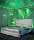 Queen Bed Frame with LED Lights and Galaxy Projecton, Upholstered Wingback Platform Bed, No Box Spring Needed, Sturdy Noiseless Modern Headboard with Starry Accents, Easy Assembly, Velvet Cream