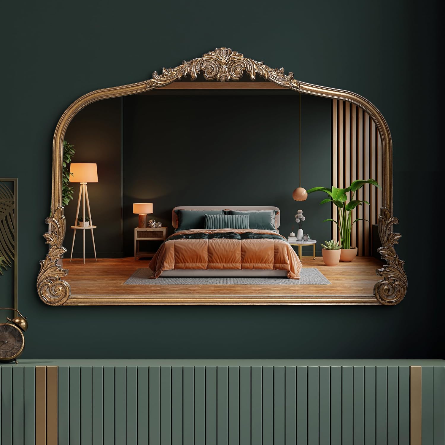 Wylde Iris English Estate Carved Arch Wood Wall Mirror, Mirror for Entryway, Living Room, Bathroom, Antique Gold, 26x37