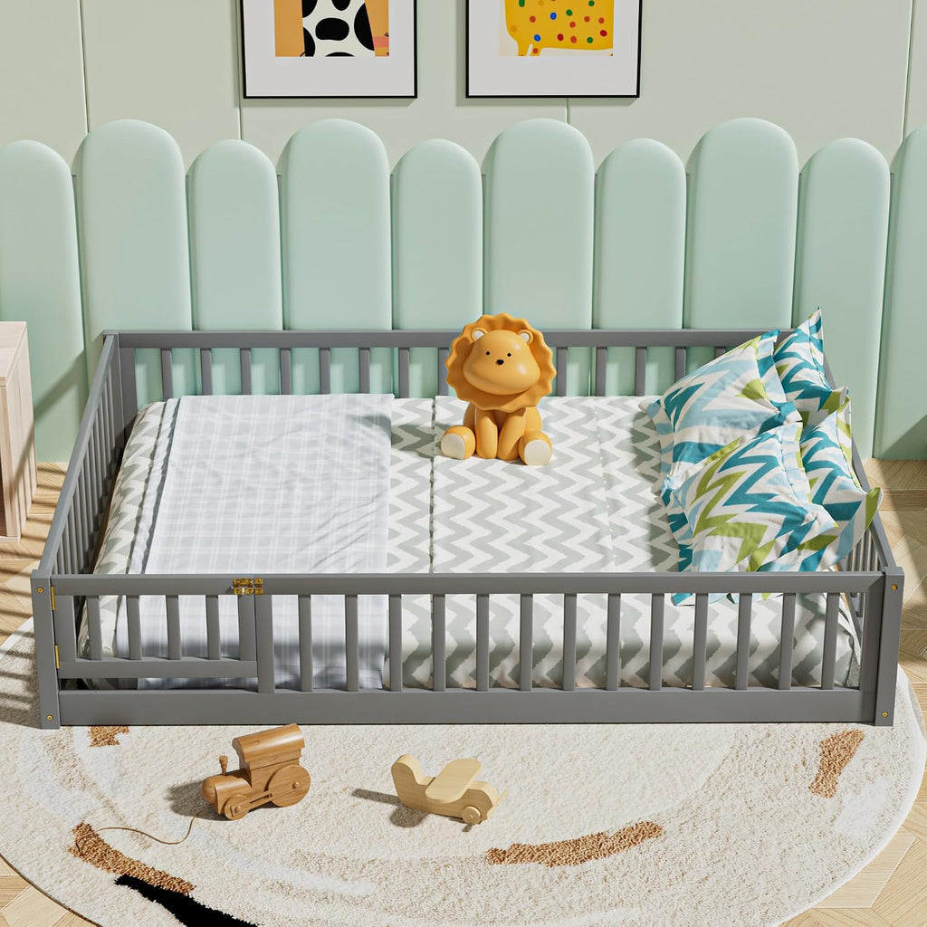 i-POOK Queen Floor Bed for Children, Sturdy Wood Montessori Bed Frame with Wood Slats, Fence & Door, Montessori Floor Bed for Girls and Boys, Gray
