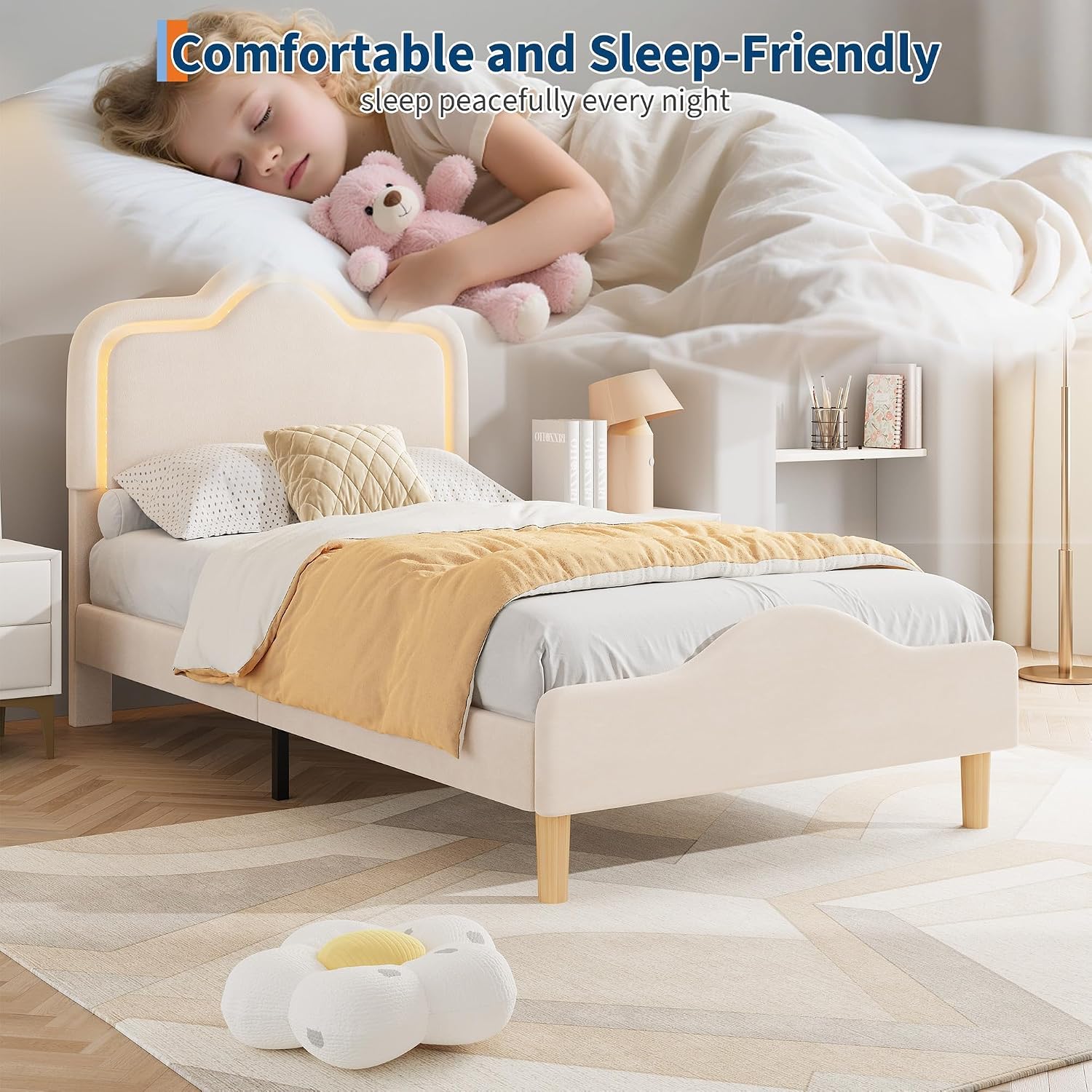 IDEALHOUSE Twin Size Bed Frame with LED Lights, Velvet Upholstered Platform Bed with Adjustable Headboard for Kids/Girls, Wooden Slats Support, No Box Spring Needed, Beige