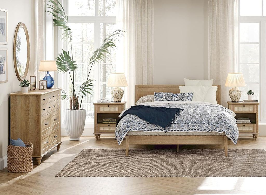 WAMPAT 3 Piece Bedroom Set - Includes Bedroom 8 Drawer Dresser, Set of 2 Bedside Tables with Charging Station & Rattan Drawer, 3 Piece Dresser and Nightstand Sets, Oak