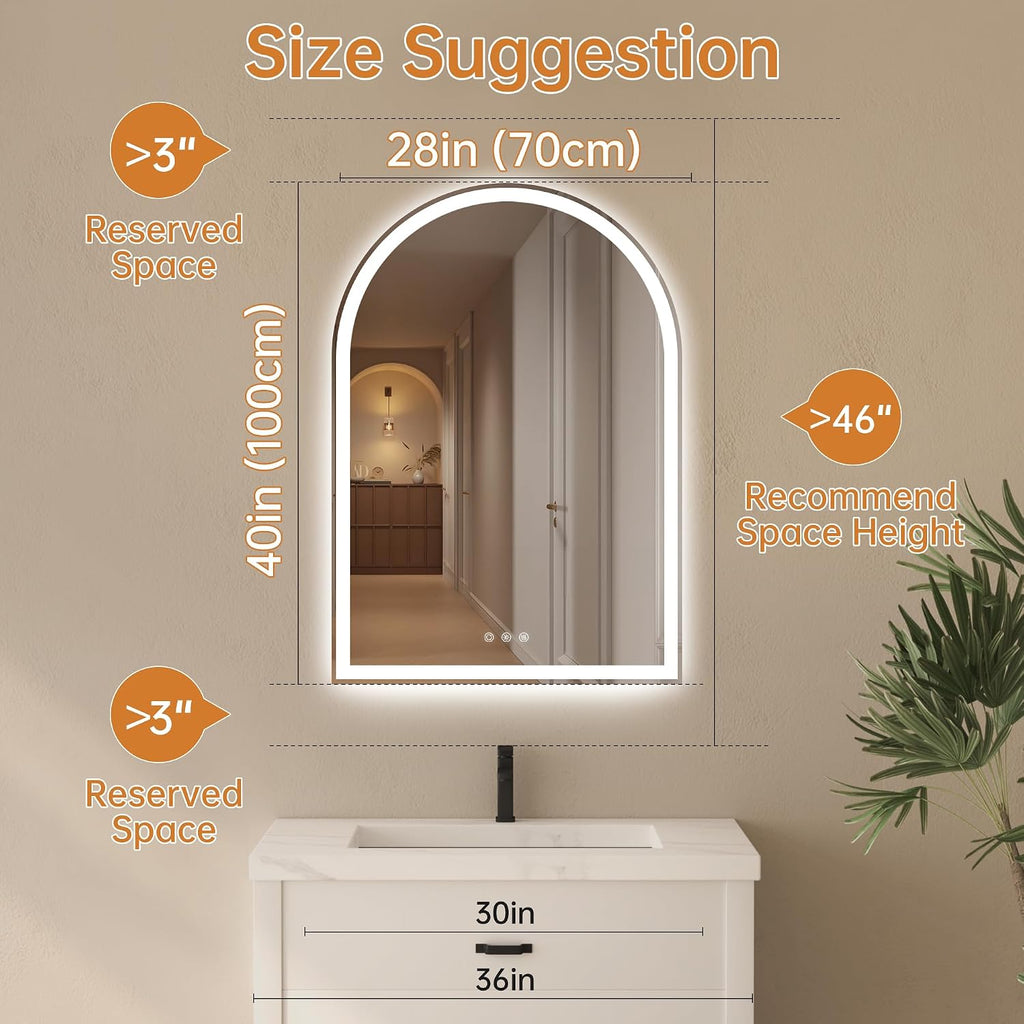 Arched Bathroom Mirror with Lights 28'x40'- Frameless LED Mirror for Bathroom, Fogless, Dimmable, 3 Color Changing, Shatterproof, Touch Sensor