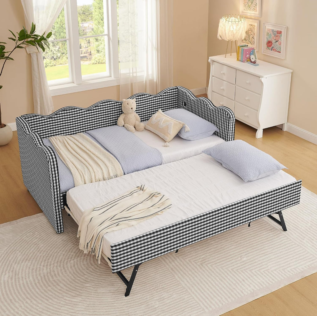 Twin to King Daybed with Trundle, USB Ports Soft Upholstered Daybed with Pop Up Trundle Bed Twin , Modern Extendable Day Bed Frame for Kids Bedroom Living Room Guest Room Small Places Geometric Black