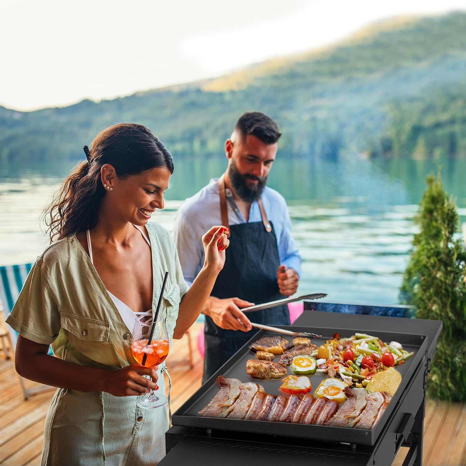 Royal Gourmet GB4001B 4 Burner Propane Gas Griddle with Foldable Side Tables, 35-Inch Flat Top Griddle with 52,000 BTUs Output for Outdoor Cooking like Camping or Tailgating, Black