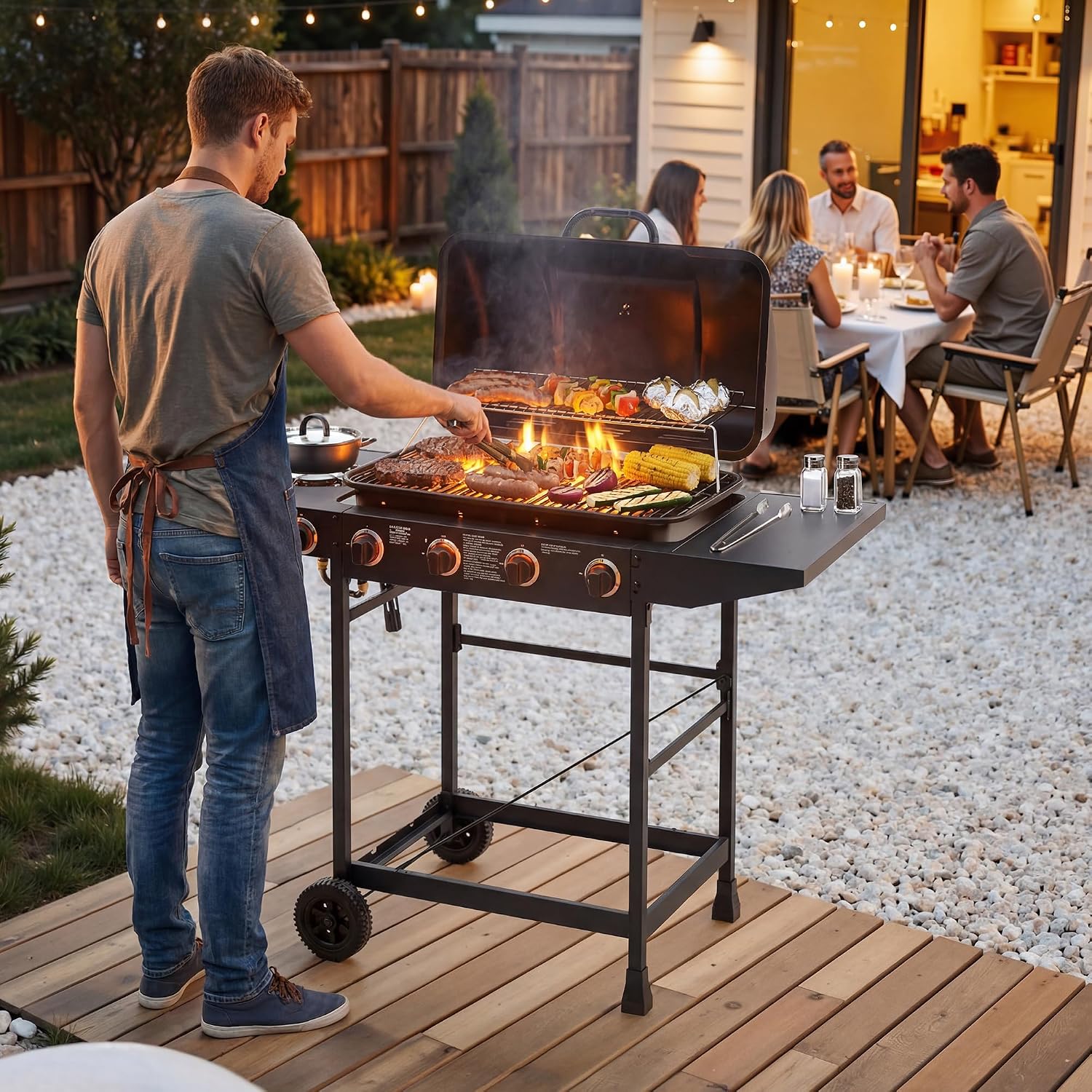 Black 4 Burner Propane Gas BBQ Grill with Side Burner, 42000 BTU Output Stainless Steel Barbecue Grill with Enameled Grates and Side Tables for Outdoor Cooking Patio Backyard (4+1)