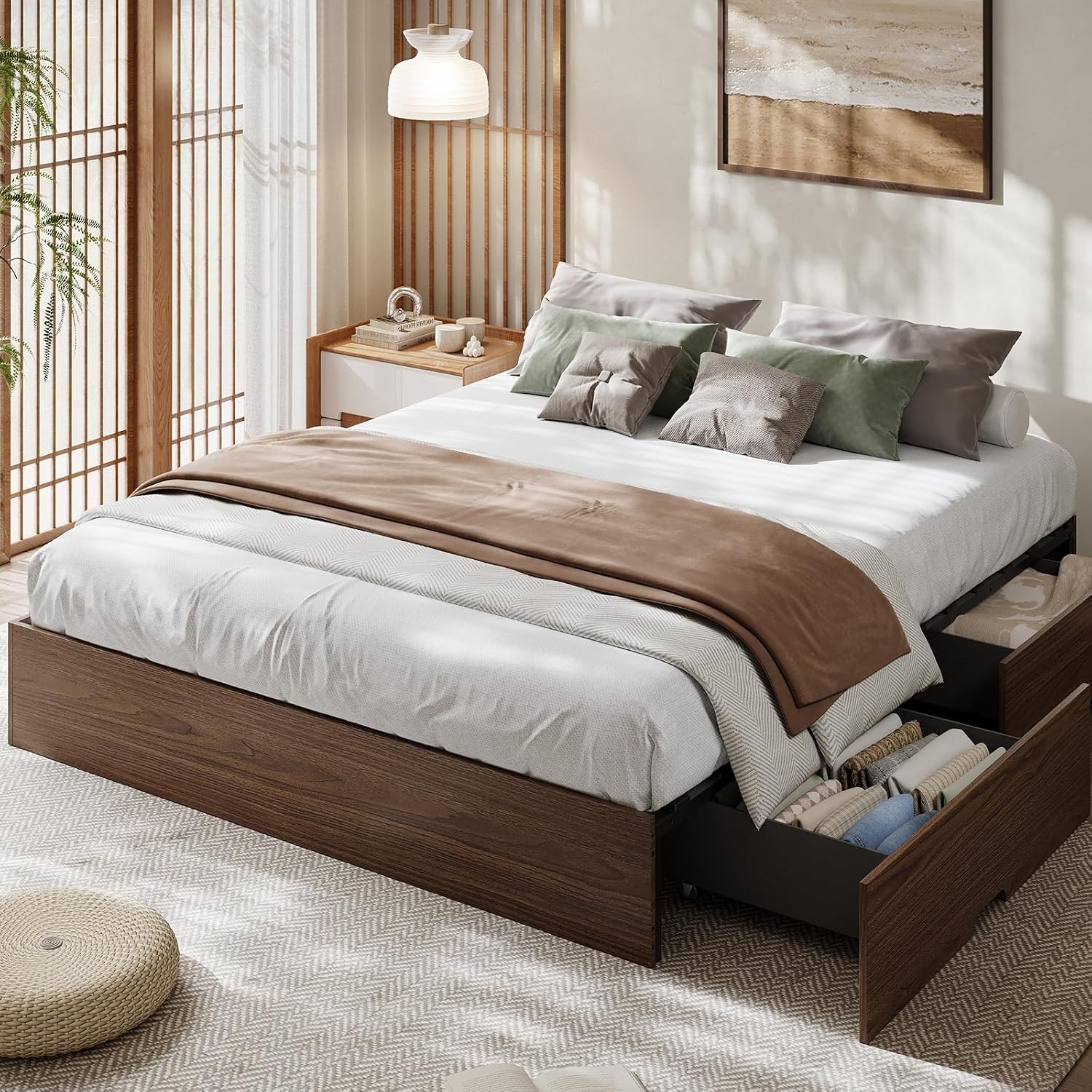 GarveeHome Full Size Wood Platform Bed Frame with 2 Storage Drawers, Wooden Bed Frame Without Headboard, Wood Slat Support, No Box Spring Needed, Easy Assembly