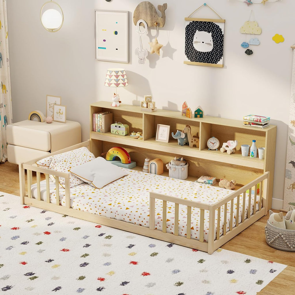 Giantex Twin Floor Bed for Kids, Wooden Montessori Bed Frame with Bookcase, Storage Shelves & Safety Fence Rails, Floor Beds Twin for Girls, Boys, No Box Spring Needed, Without Slats, Natural