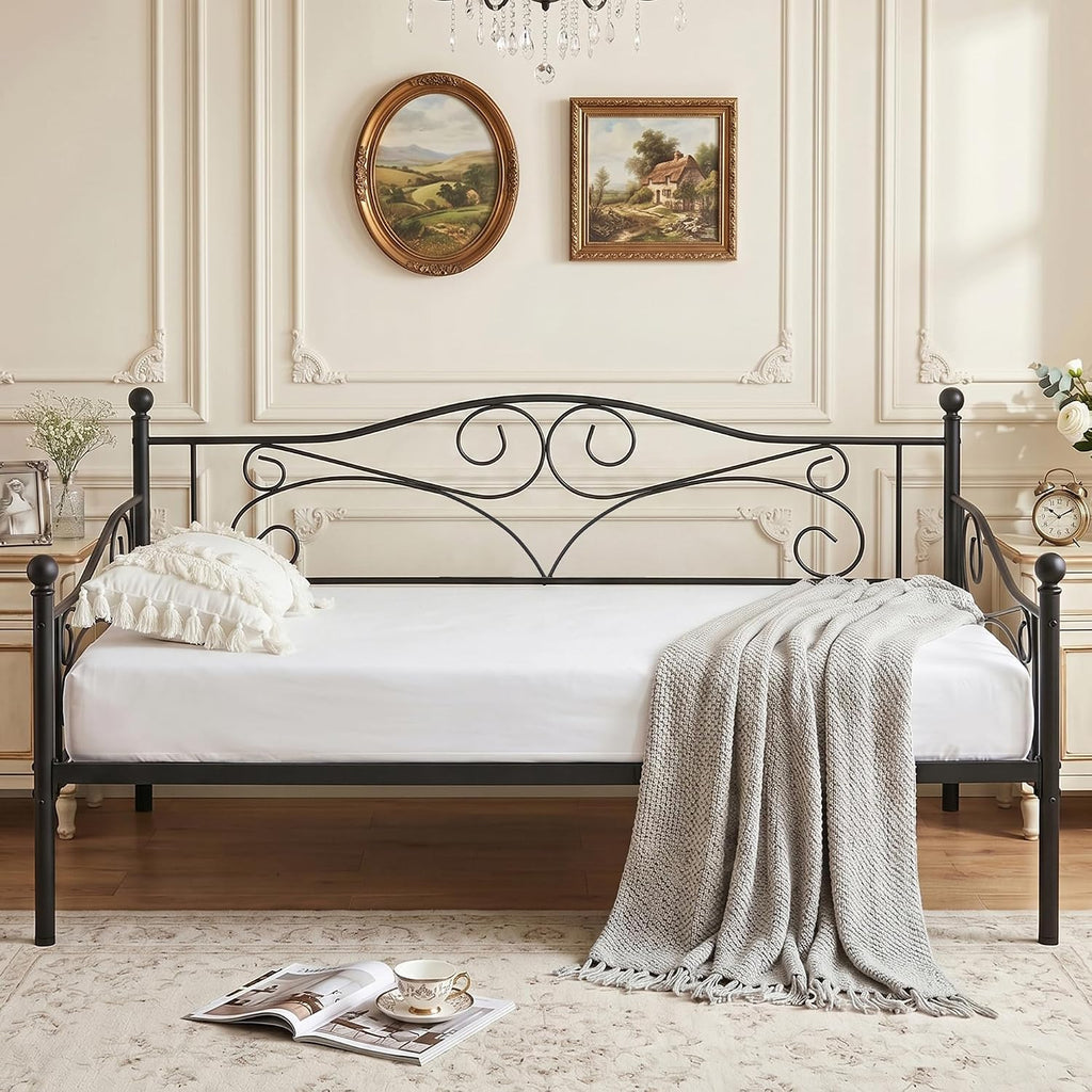 VECELO Daybed Frame, Twin Size Metal Platform Bed with Headboard,Heavy Duty Steel Slats Support for Living Room Bedroom Guest Room, Easy Assembly