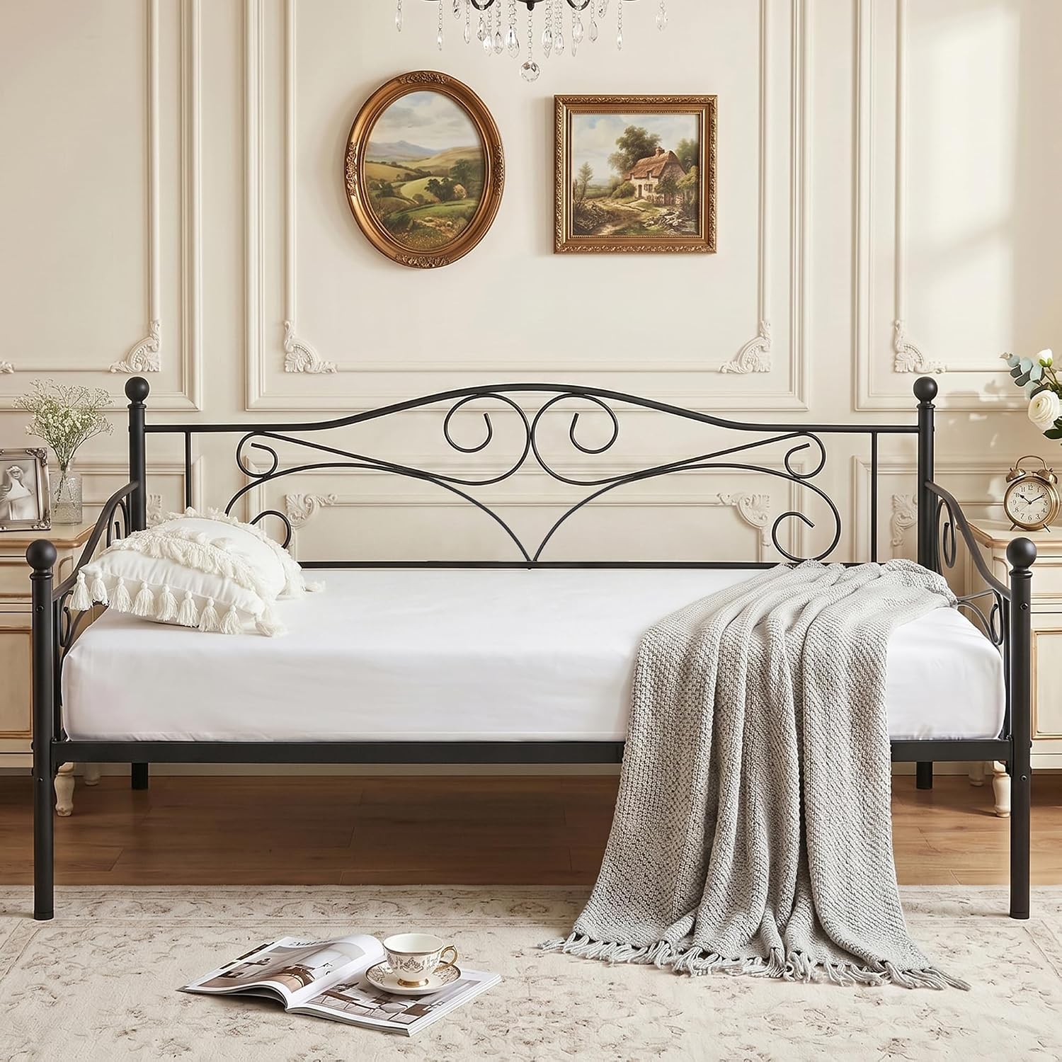 VECELO Daybed Frame, Twin Size Metal Platform Bed with Headboard,Heavy Duty Steel Slats Support for Living Room Bedroom Guest Room, Easy Assembly