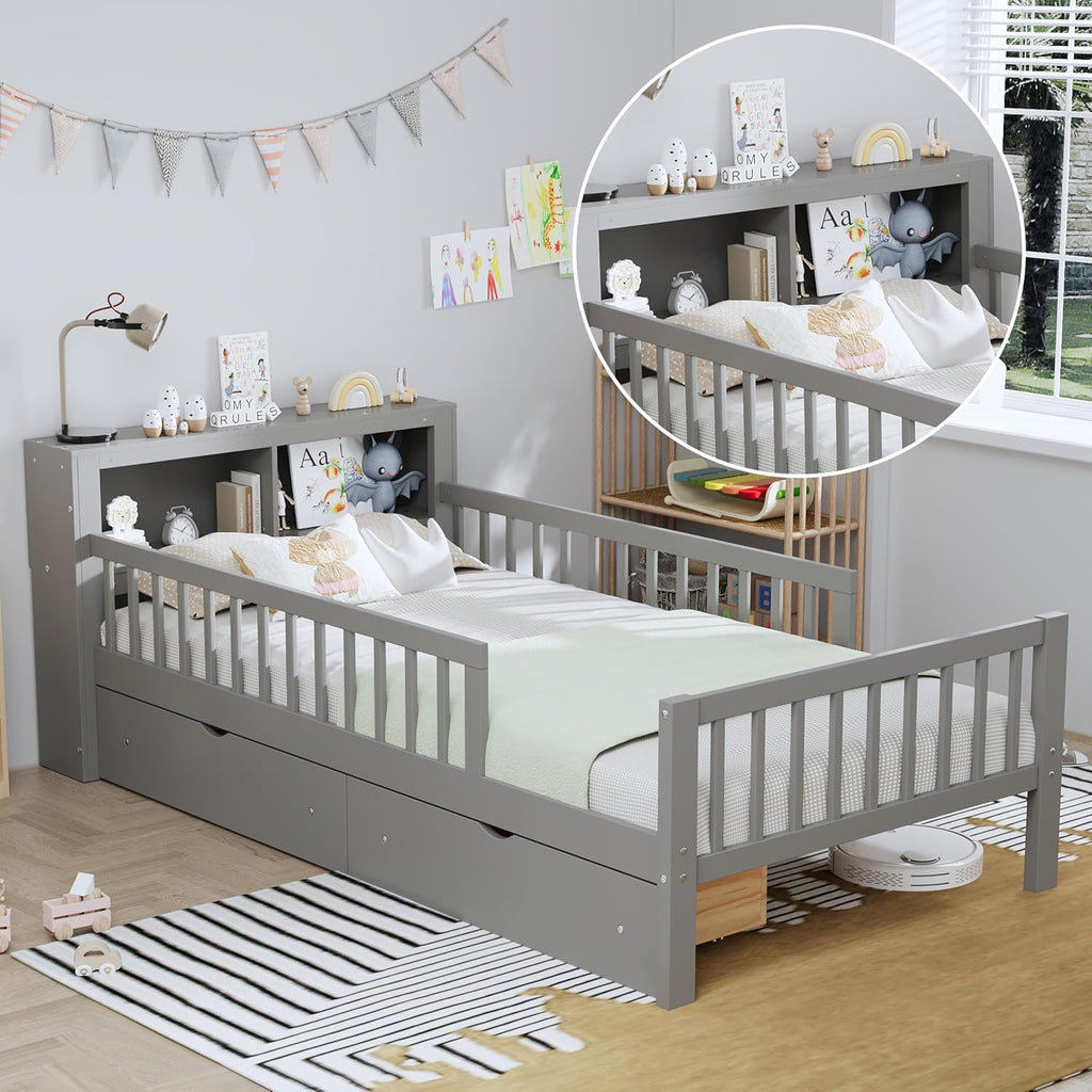 VilroCaz Wood Twin Size Platform Bed with Safety Fence for Kids Boys Girls, Platform Bed Frame with Practical Headboard and 2 Under-Bed Drawers, Sturdy Slats Support (Gray-3.15)