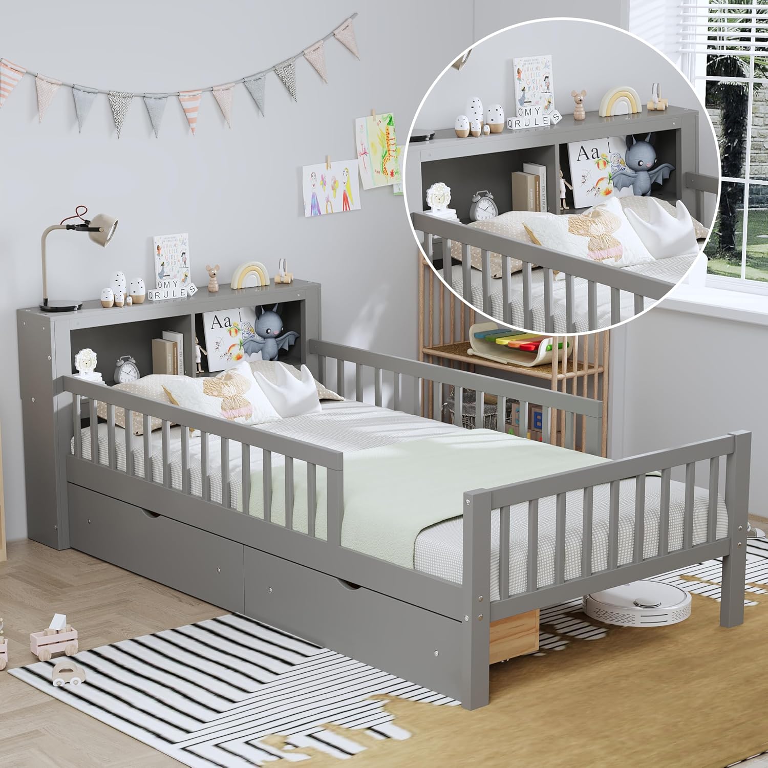 VilroCaz Wood Twin Size Platform Bed with Safety Fence for Kids Boys Girls, Platform Bed Frame with Practical Headboard and 2 Under-Bed Drawers, Sturdy Slats Support (Gray-3.15)