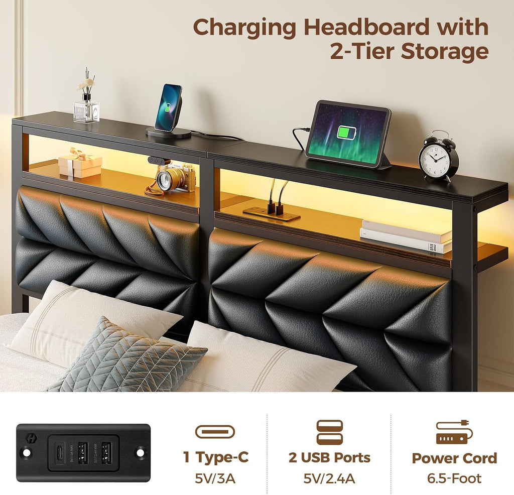 Seventable King Size Bed Frame with Charging Station & LED Lights, Upholstered Headboard with 2-Tier Storage Shelves, Metal Platform with Under Bed Storage, No Box Spring Needed, Easy Assembly, Black