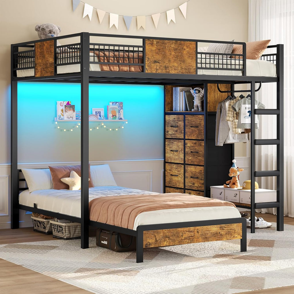 ADORNEVE Bunk Bed Twin Over Twin Size with 8 Storage Drawers, Twin Bunk Beds with Led Lights & Storage Shelves, Metal Loft Bed with 13.4' H Safety Guardrail & Ladder, for Kids & Teens, Black