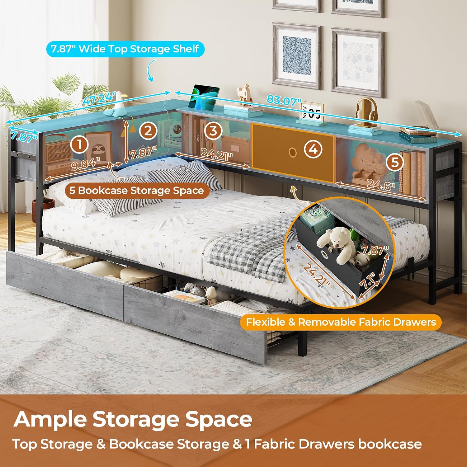 DICTAC Twin Corner Bed Frame with Bookcase Storage Headboard and 2 Drawers Twin Size Metal Platform Bed Frame with Led Lights and Charging Station,Twin Size Daybed for Kids and Teen,Oak Gray