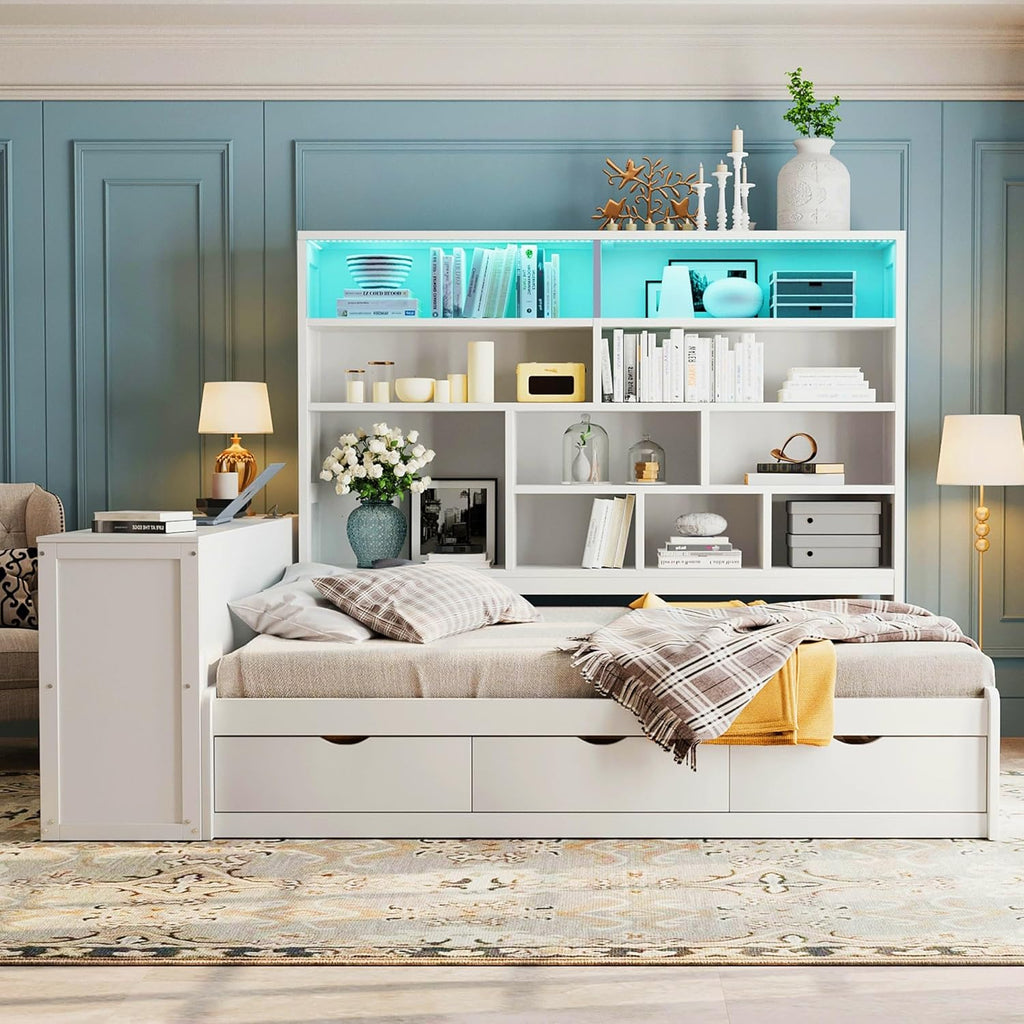 KLMM Full Size Wooden Daybed with Three Drawers,Desk,Shelves and Lights,for Kids Teens Adults Bedroom Use (White/Drawers, Full)