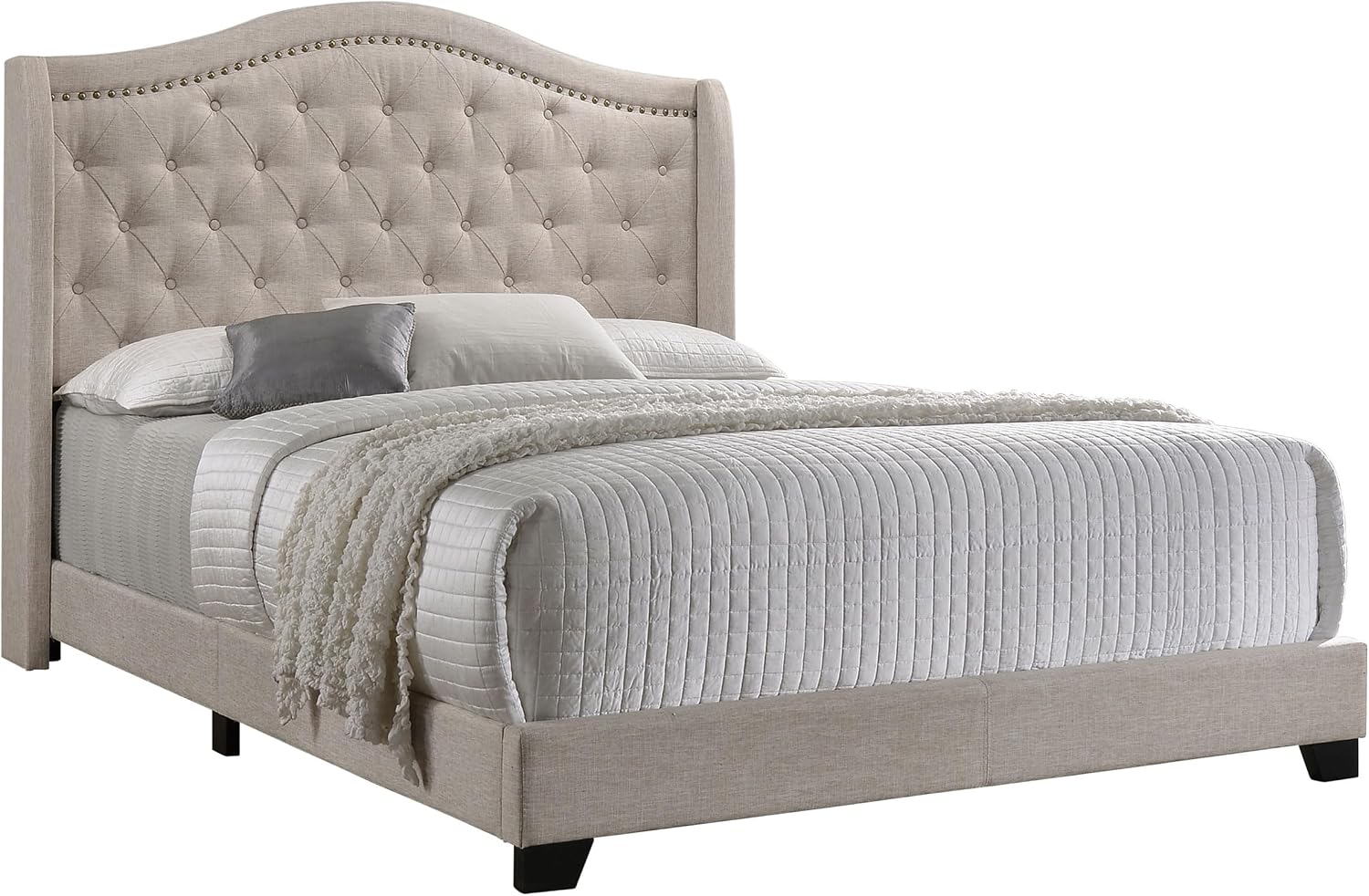 Coaster Home Furnishings - Sonoma - Wood - Upholstered Panel Bed with Camelback Profile, Button Tufting, Chrome Nail Head Trim and Demi-Wing Design - Bedroom - Queen Size - Beige - 310073Q