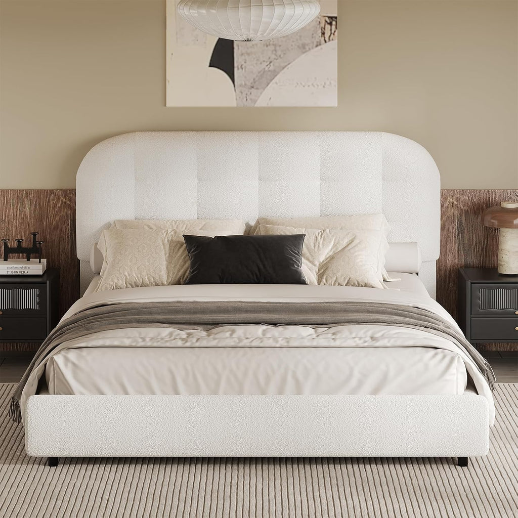 BarnFurin Full Size Bed Frame, Boucle Upholstered Platform Bed with Headboard, Cloud Bed Frame, Soft Rounded Corners, No Box Spring Required, Easy Assembly, White