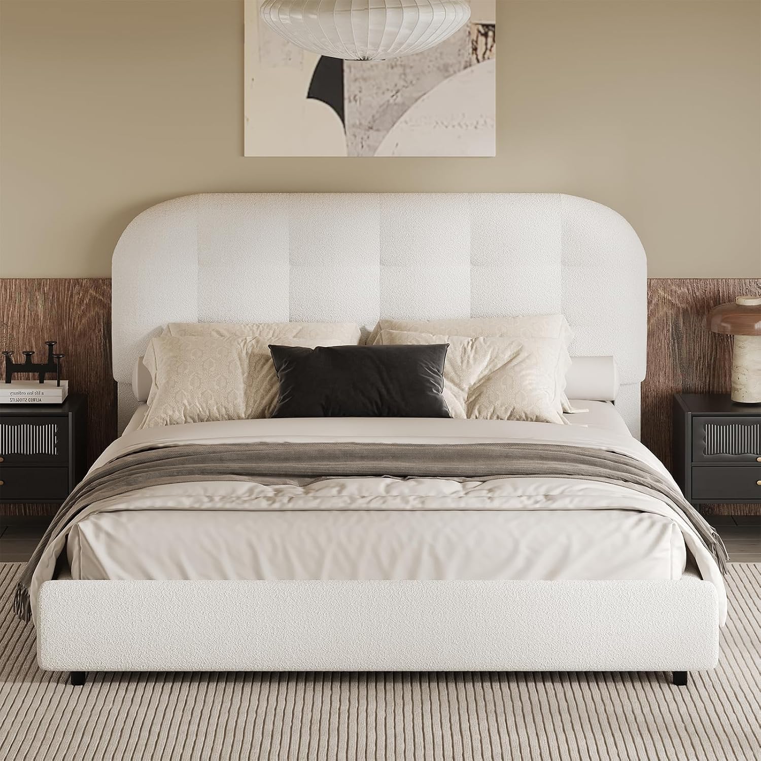BarnFurin Full Size Bed Frame, Boucle Upholstered Platform Bed with Headboard, Cloud Bed Frame, Soft Rounded Corners, No Box Spring Required, Easy Assembly, White