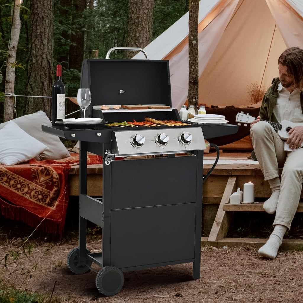 Evedy BBQ Propane Grill 3 Burner Barbecue Grill Stainless Steel Gas Grill,Gas Hood & Side Shelves Heavy Duty Flat Top Griddle Grill Station for Kitchen, Camping, Outdoor, Tailgating, Countertop