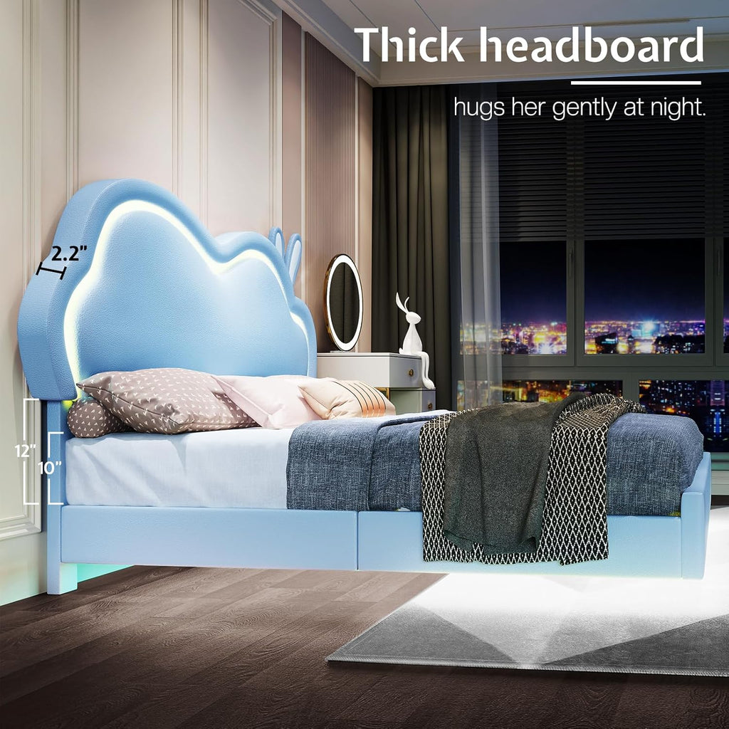 Jocisland Twin Size Floating Bed Frame, Faux Leather Upholstered Platform Bed with LED Lights, Adjustable Cloud Headboard, No Box Spring Needed, Blue | Bunny Ears Design, Multi-Color Lighting, Hidden Bed Legs, Dreamy room vibe, Easy Clean Surface