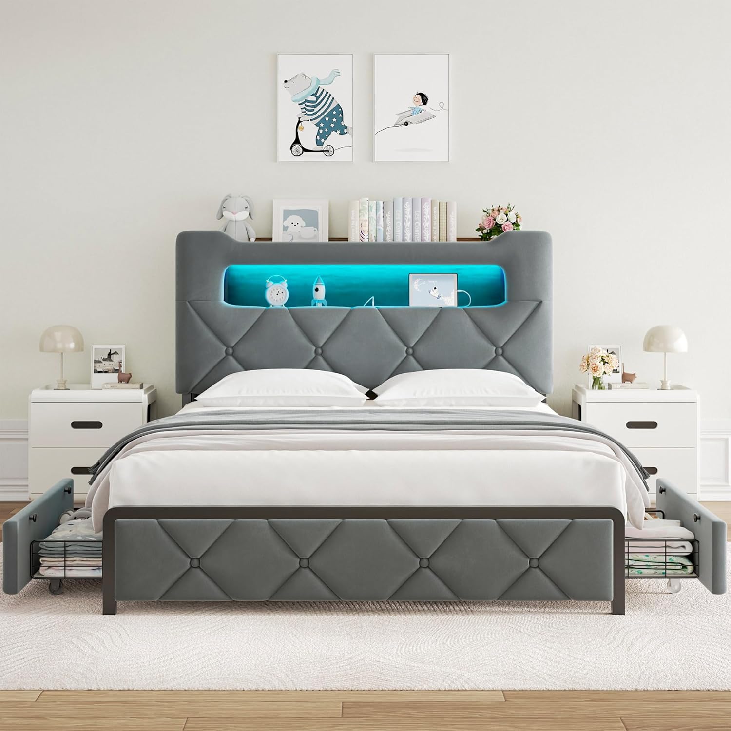 Jocoevol Full Upholstered LED Bed Frame with 2 Storage Drawers and 2-Tier Storage Headboard, Velvet Platform Bed with Charging Station & Bookcase, Heavy Duty Metal Support, No Box Spring Needed, Grey