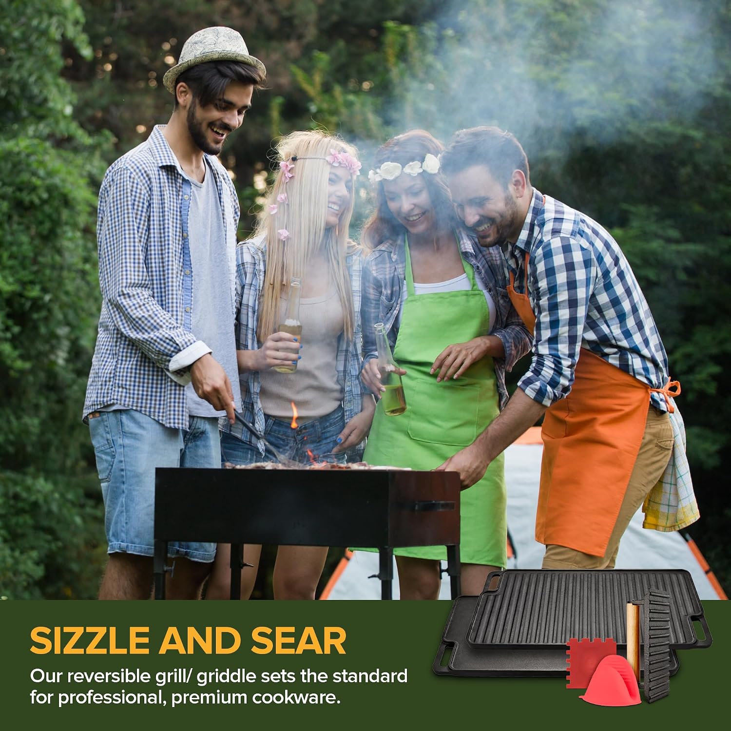 Cast Iron Griddle and Grill Reversible Combo Set with Protective Mitts, Grill Press and Scraper, Preseasoned Stovetop and Camping Griddle Pan (4 Pack)