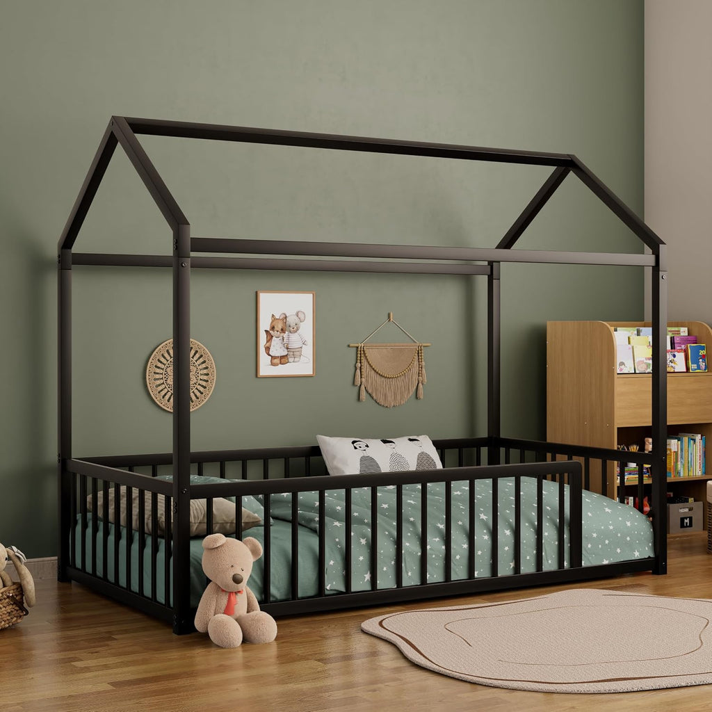 House Shape Twin Size Montessori House Bed Metal Floor Bed Twin Bedframe No Box Spring Needed, Black