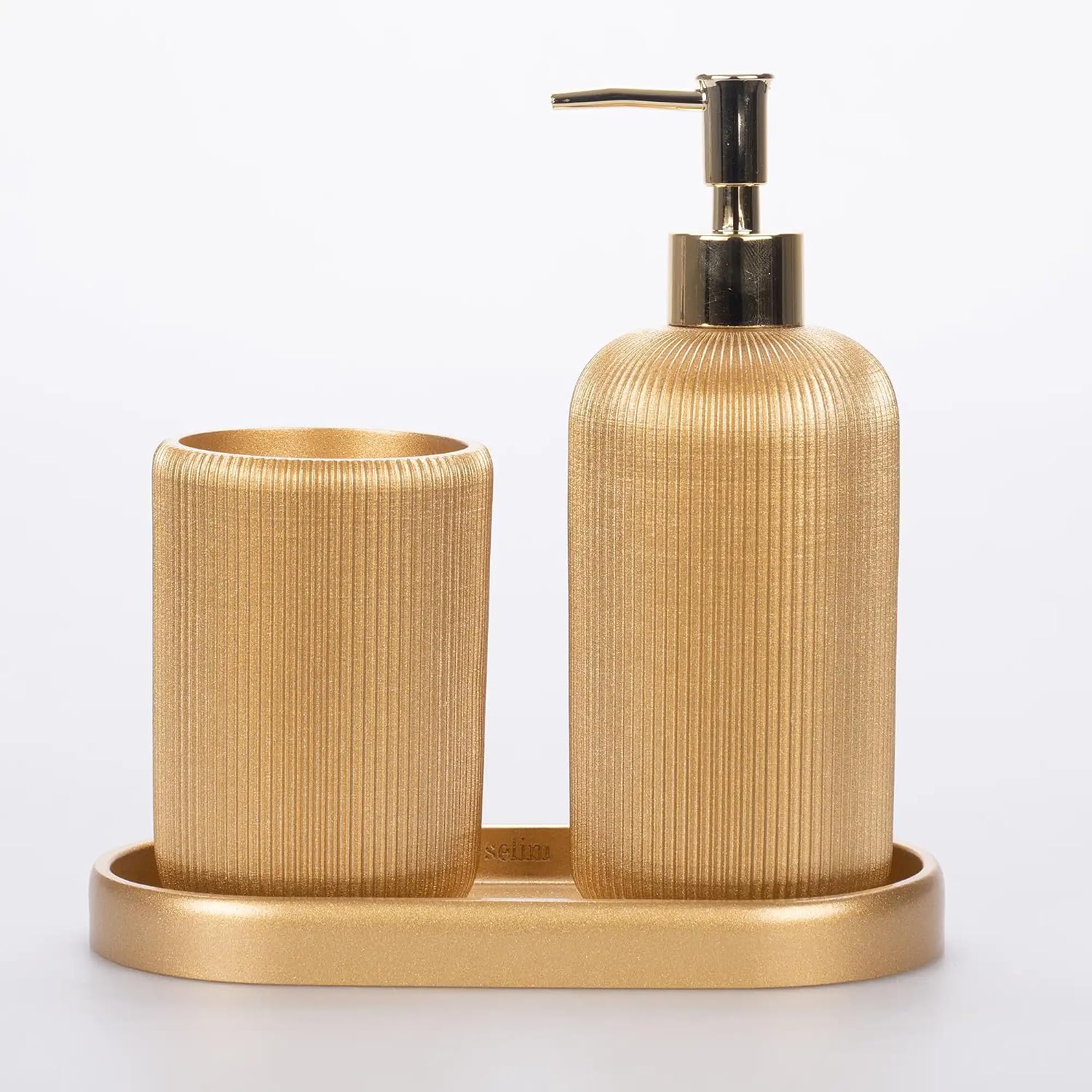 Lydia Collection 5-Piece Resin Bathroom Accessories Set – Toilet Brush Holder, Waste Bin, Soap Dispenser, Tray & Toothbrush Holder (Gold)