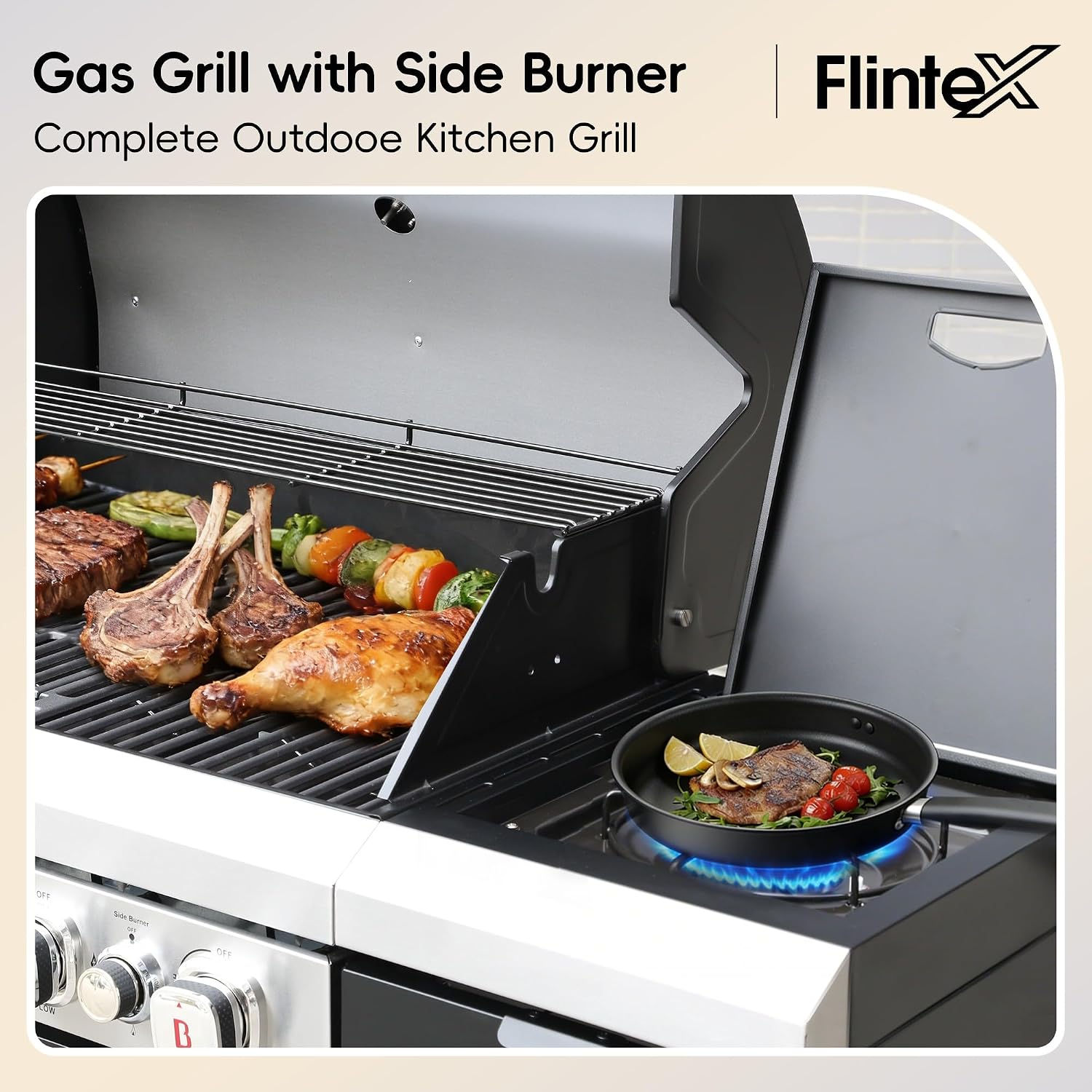 Flintex 5-Burner Propane Gas Kitchen Grill Island with Side Burner,52,000 BTU Stainless Steel BBQ Outdoor Griddle Grill Combo with LPG/NG Convertible and Storage Cabinets & Fold-out Table, Black