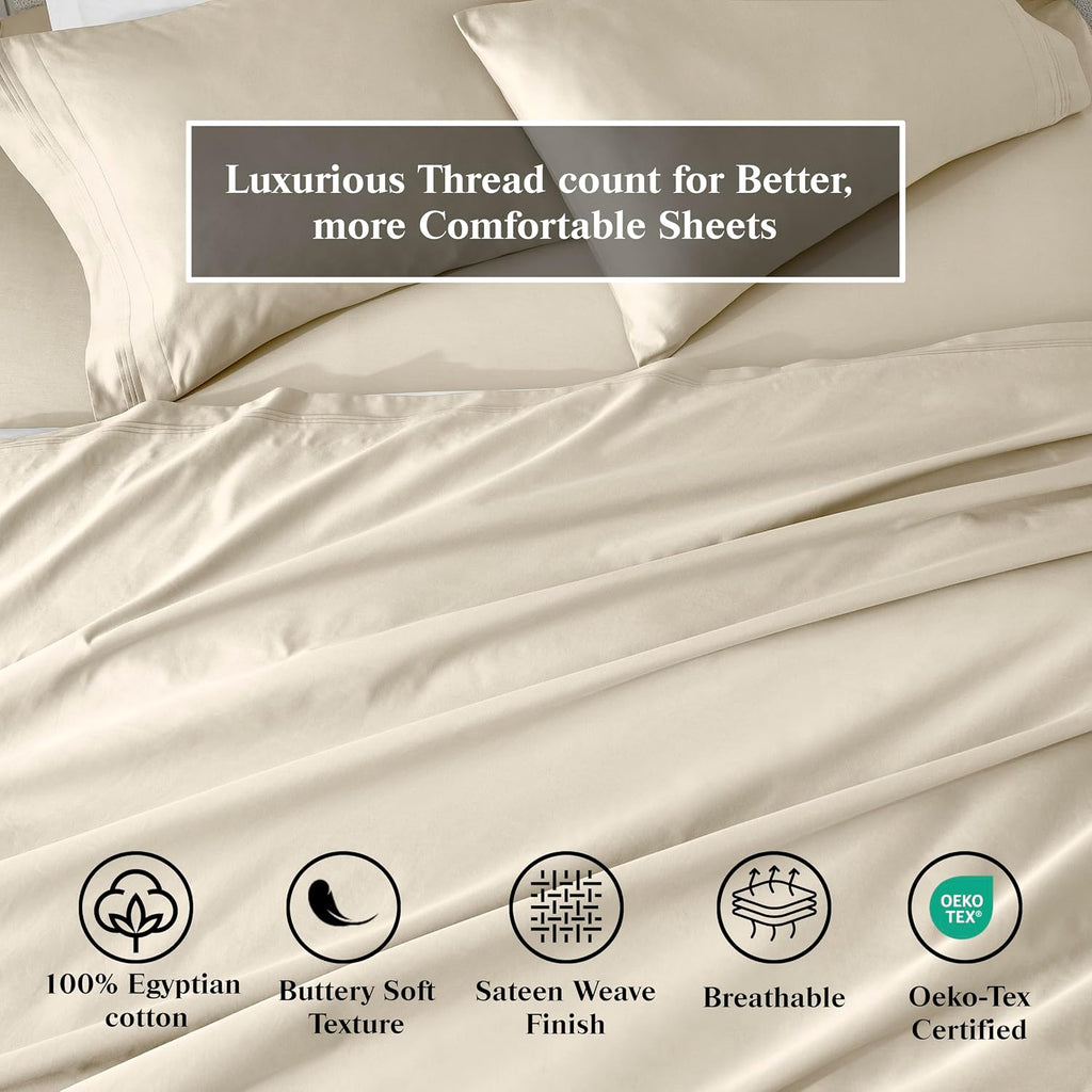 Superior Egyptian Cotton 4 Piece Sheet Set, 650 Thread Count, Modern Design, Sustainable Sheets, Ultra-Soft Basics, Solid, Deep Pocket Fitted Sheet, Flat Sheet, Pillowcases, King, Ivory