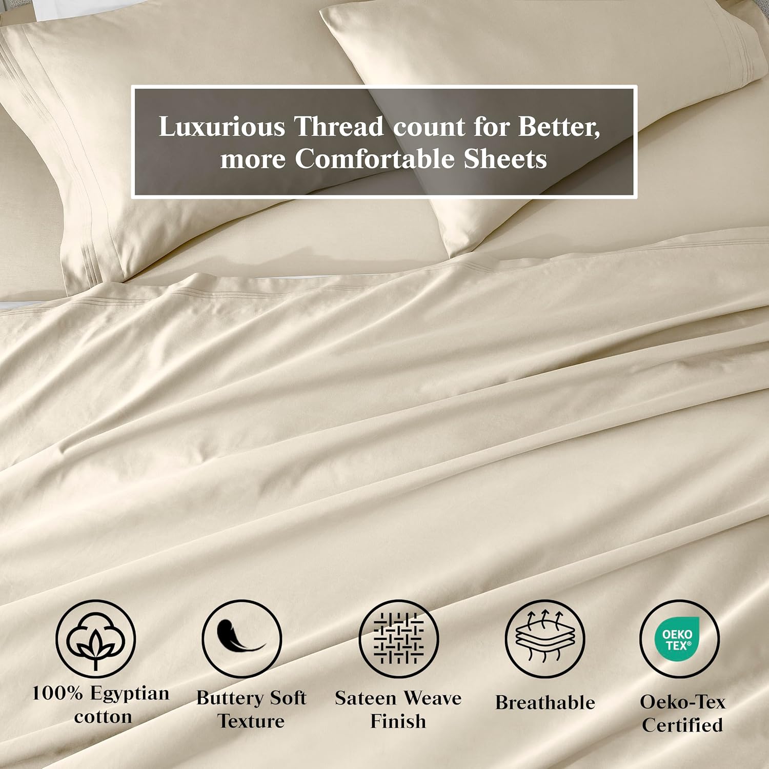 Superior Egyptian Cotton 4 Piece Sheet Set, 650 Thread Count, Modern Design, Sustainable Sheets, Ultra-Soft Basics, Solid, Deep Pocket Fitted Sheet, Flat Sheet, Pillowcases, King, Ivory