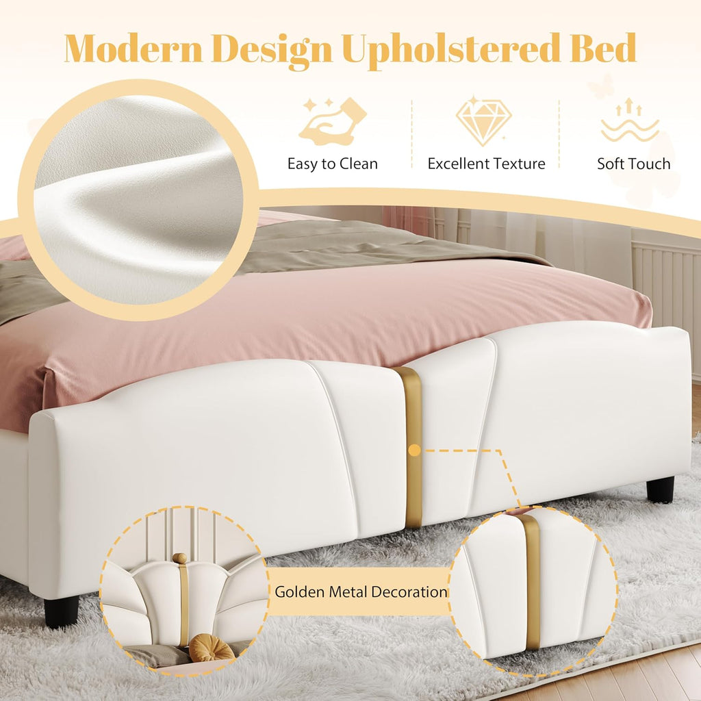 Merax PU Leather Upholstered Platform Bed with Butterfly Shaped Headboard and Footboard, Full Size Bed Frame for Bedroom, Solid Wood Slats Support, No Box Spring Needed, Easy Assembly, Beige