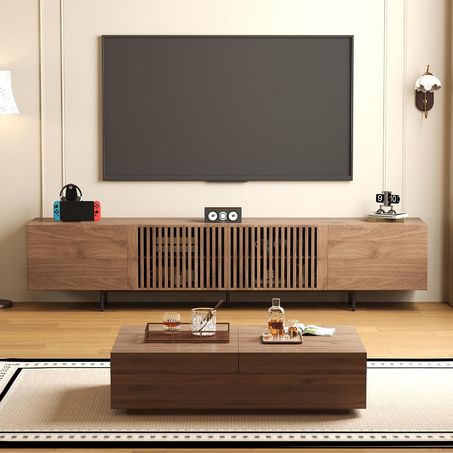 Mid-Century Modern TV Stand & Expandable Coffee Table Set, Walnut Finish, Stylish Storage Combo for Living Room or Bedroom (94.48'TV Stand+Coffee Table)