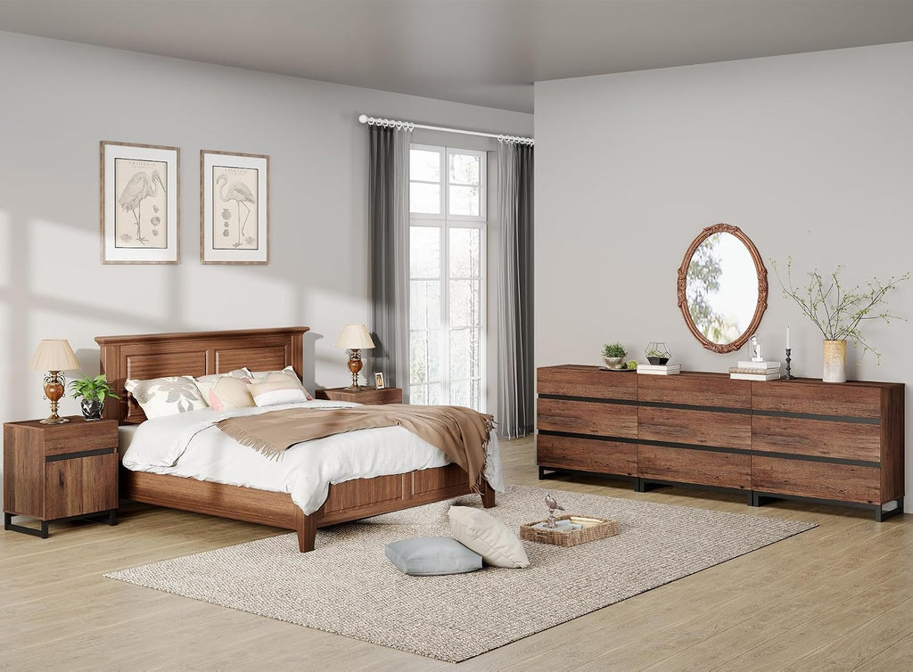 WAMPAT Dresser and Nightstand Set of 3, 94.5 Inches Dresser with 6 Drawers, 2 Nightstand with Drawer and Cabinet for Bedroom, Bedroom Furniture Set, Brown