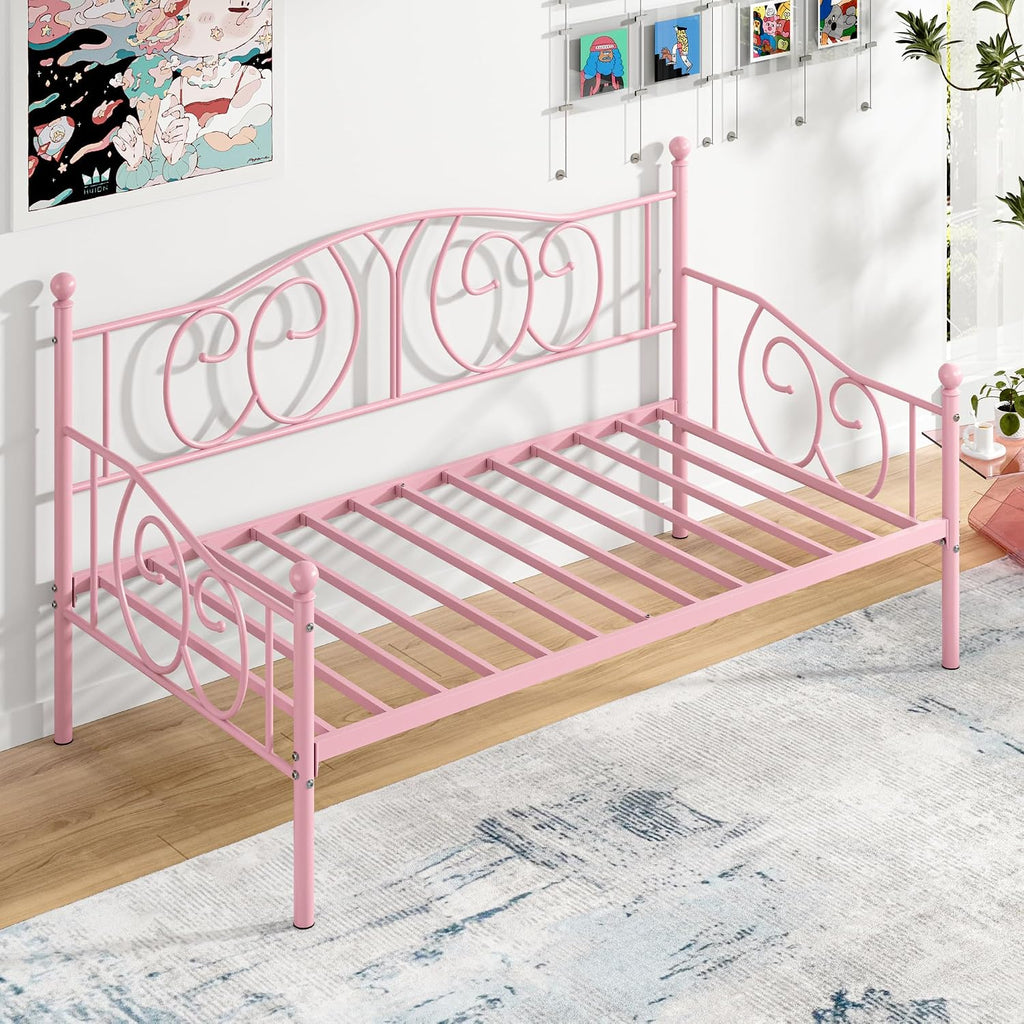 VECELO Metal Daybed Frame Multifunctional Platform Bed Sofa Mattress Foundation with Classic Headboard, Twin, Pink