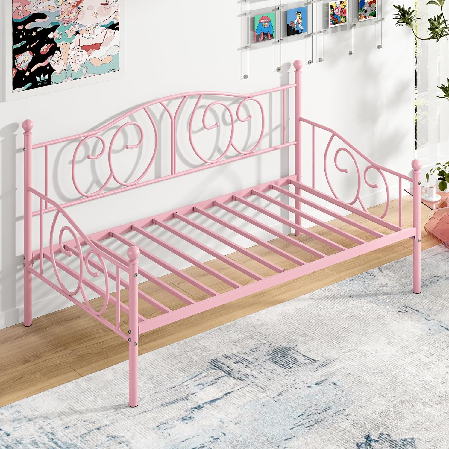 VECELO Metal Daybed Frame Multifunctional Platform Bed Sofa Mattress Foundation with Classic Headboard, Twin, Pink