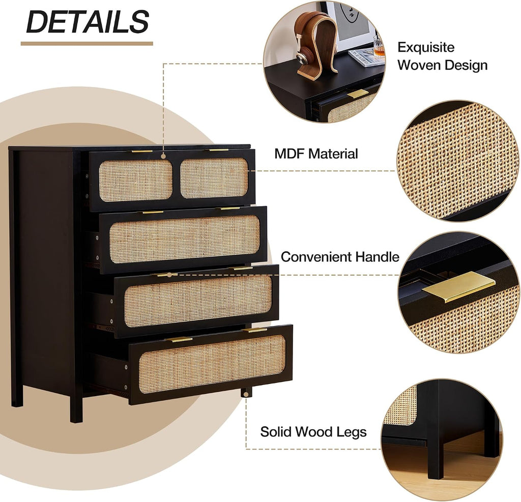 4 Drawer Dresser, Modern Rattan Dresser Chest with Wide Drawers and Metal Handles, Farmhouse Wood Storage Chest of Drawers for Bedroom, Living Room (Black-4 Drawers)