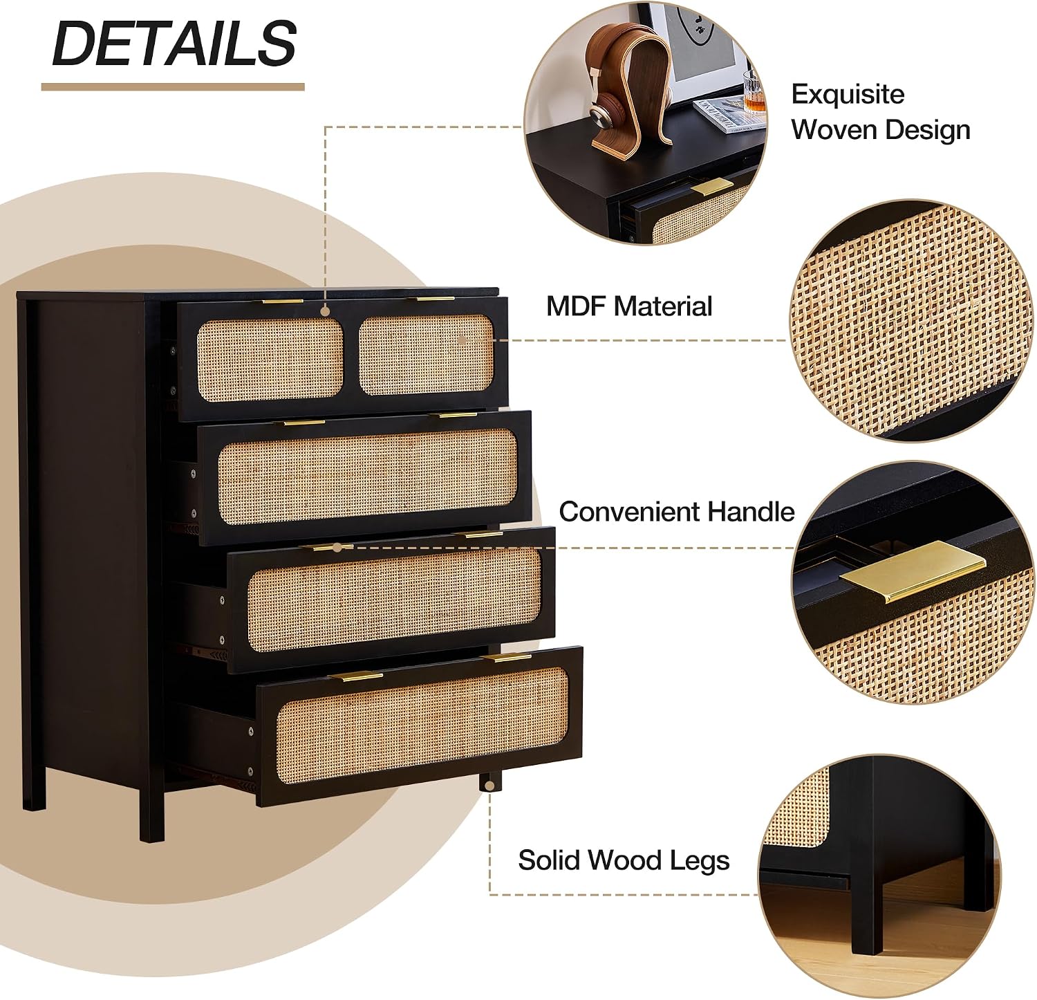 4 Drawer Dresser, Modern Rattan Dresser Chest with Wide Drawers and Metal Handles, Farmhouse Wood Storage Chest of Drawers for Bedroom, Living Room (Black-4 Drawers)