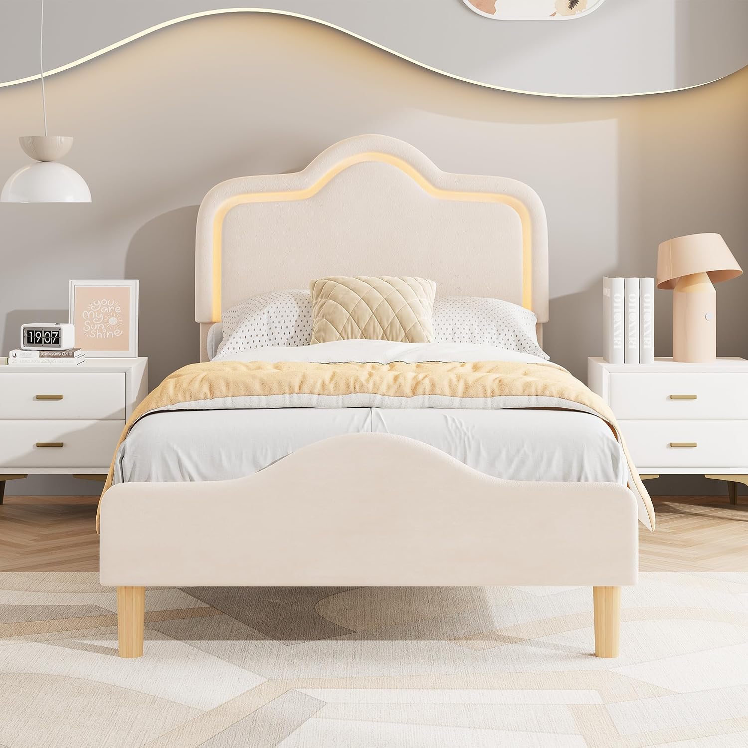 IDEALHOUSE Twin Size Bed Frame with LED Lights, Velvet Upholstered Platform Bed with Adjustable Headboard for Kids/Girls, Wooden Slats Support, No Box Spring Needed, Beige