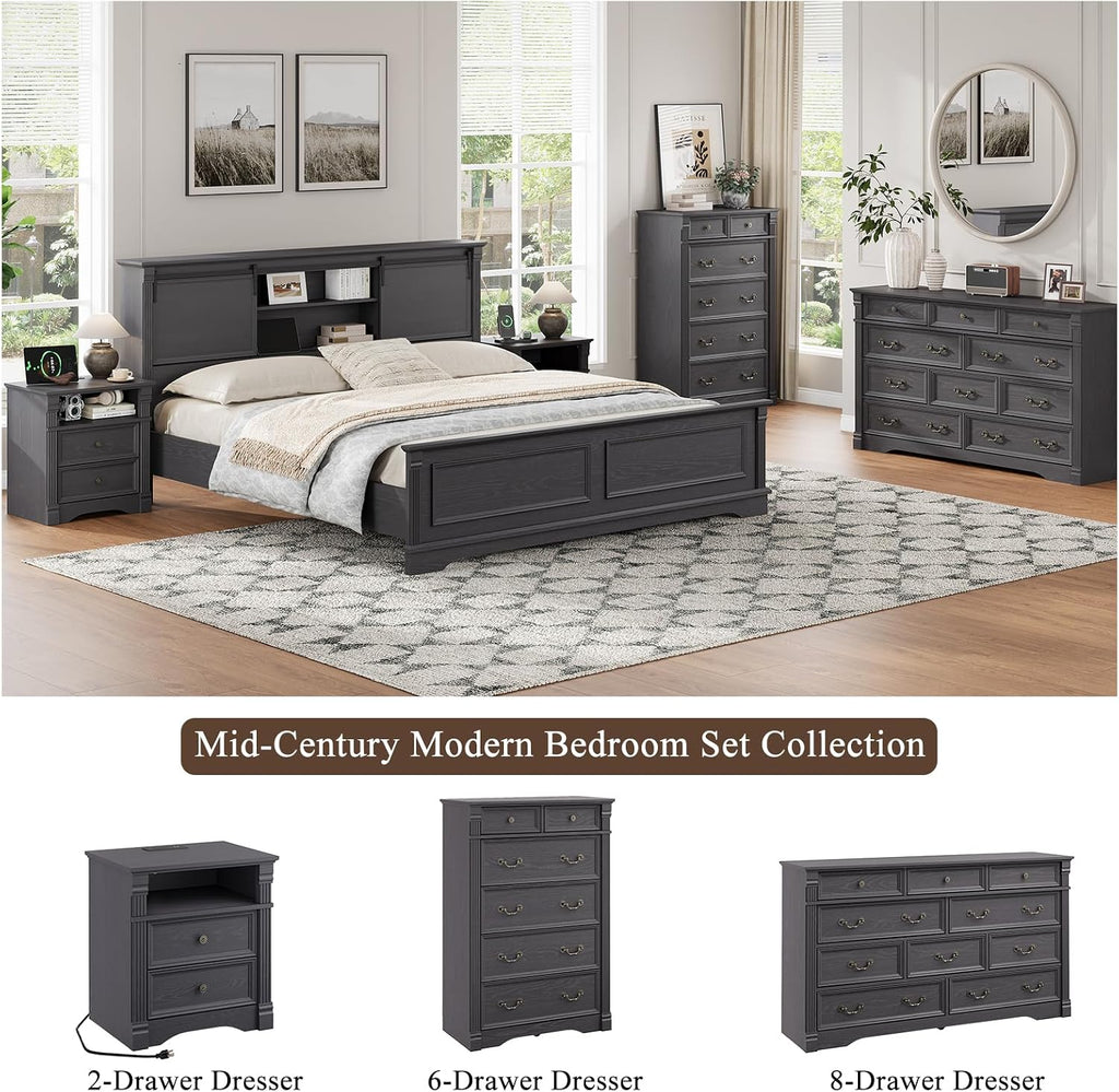 Bedroom Sets 2 Pieces, Farmhouse 6 Drawer Dresser and Nightstand Sets, Wood Bedroom Furniture Set for Home, Bedroom, Living Room, Hallway, Grey
