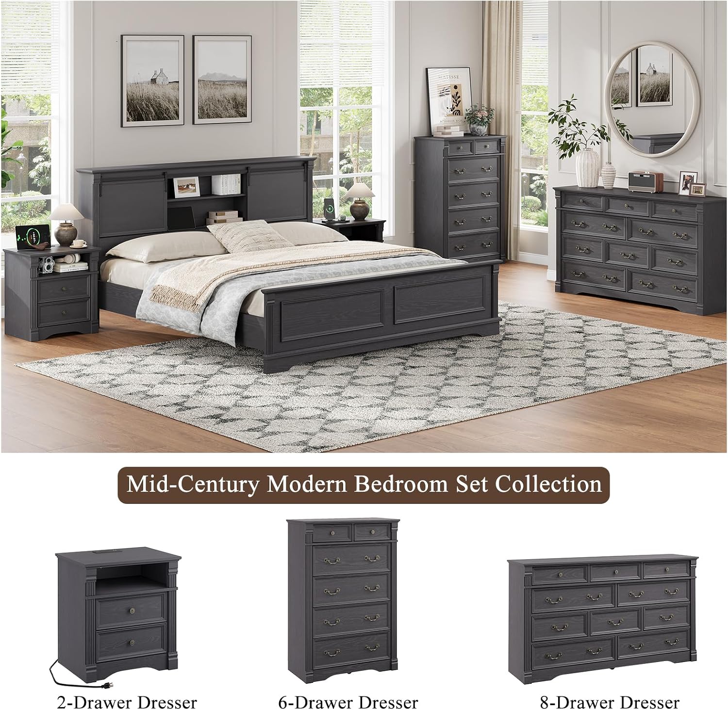 Bedroom Sets 2 Pieces, Farmhouse 6 Drawer Dresser and Nightstand Sets, Wood Bedroom Furniture Set for Home, Bedroom, Living Room, Hallway, Grey