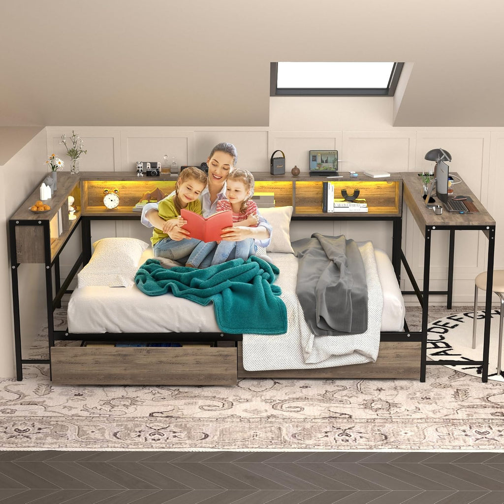 Twin Corner Bed Frame with Storage Drawers and Bookcase Headboard, Twin Size Metal Platform Corner Bed Frame w/Charging Station and LED Lights, Twin Daybed w/Desk for Teens Guests (Black Grey, Twin)