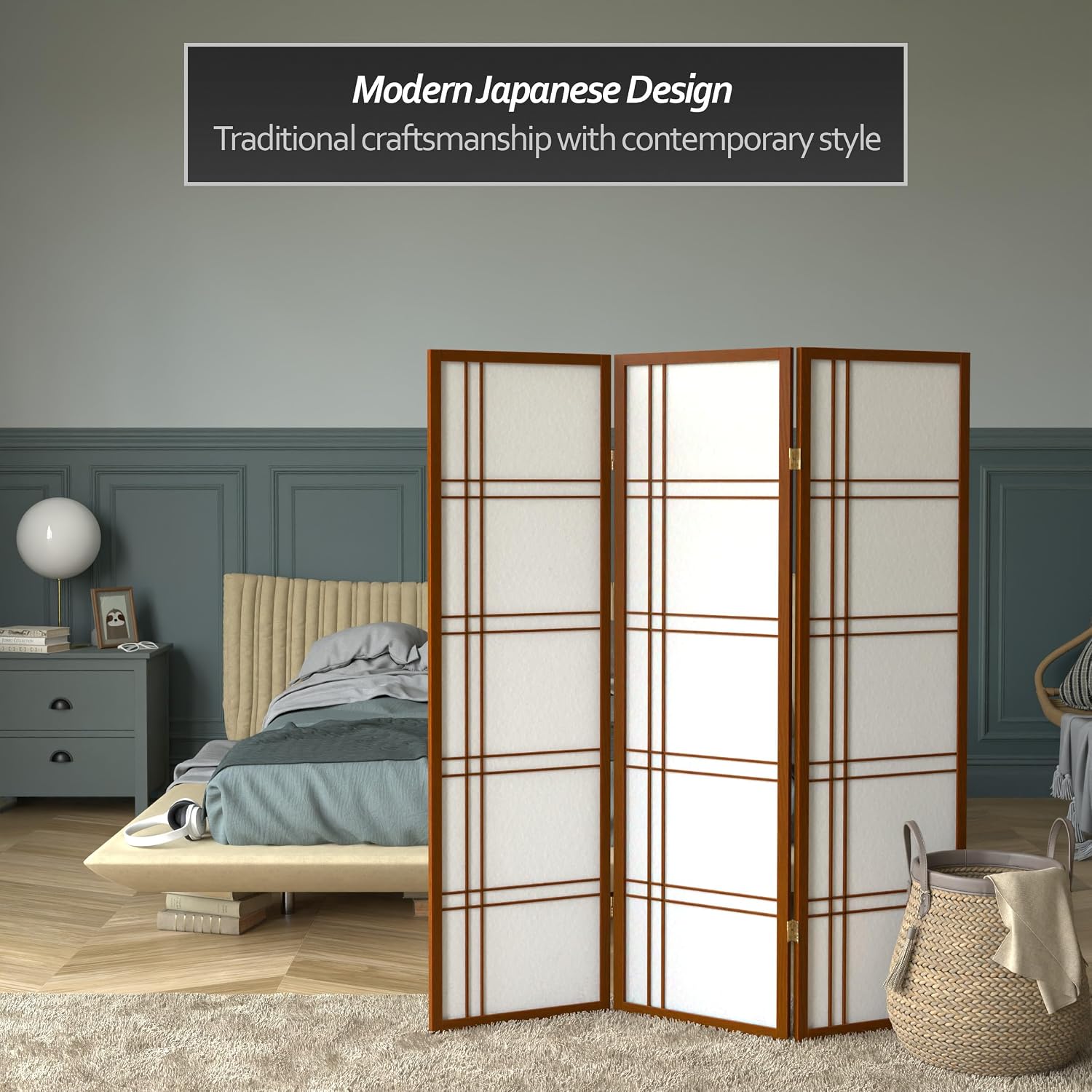 Red Lantern 5 ft. Tall Double Cross Shoji Screen - Walnut - 3 Panels