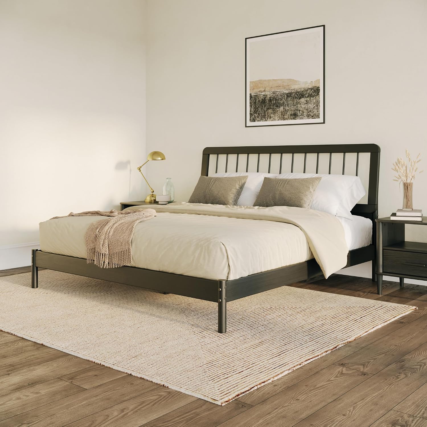 Walker Edison Clemente Mid-Century Modern Spindle Headboard King Bedframe, King Size, Black