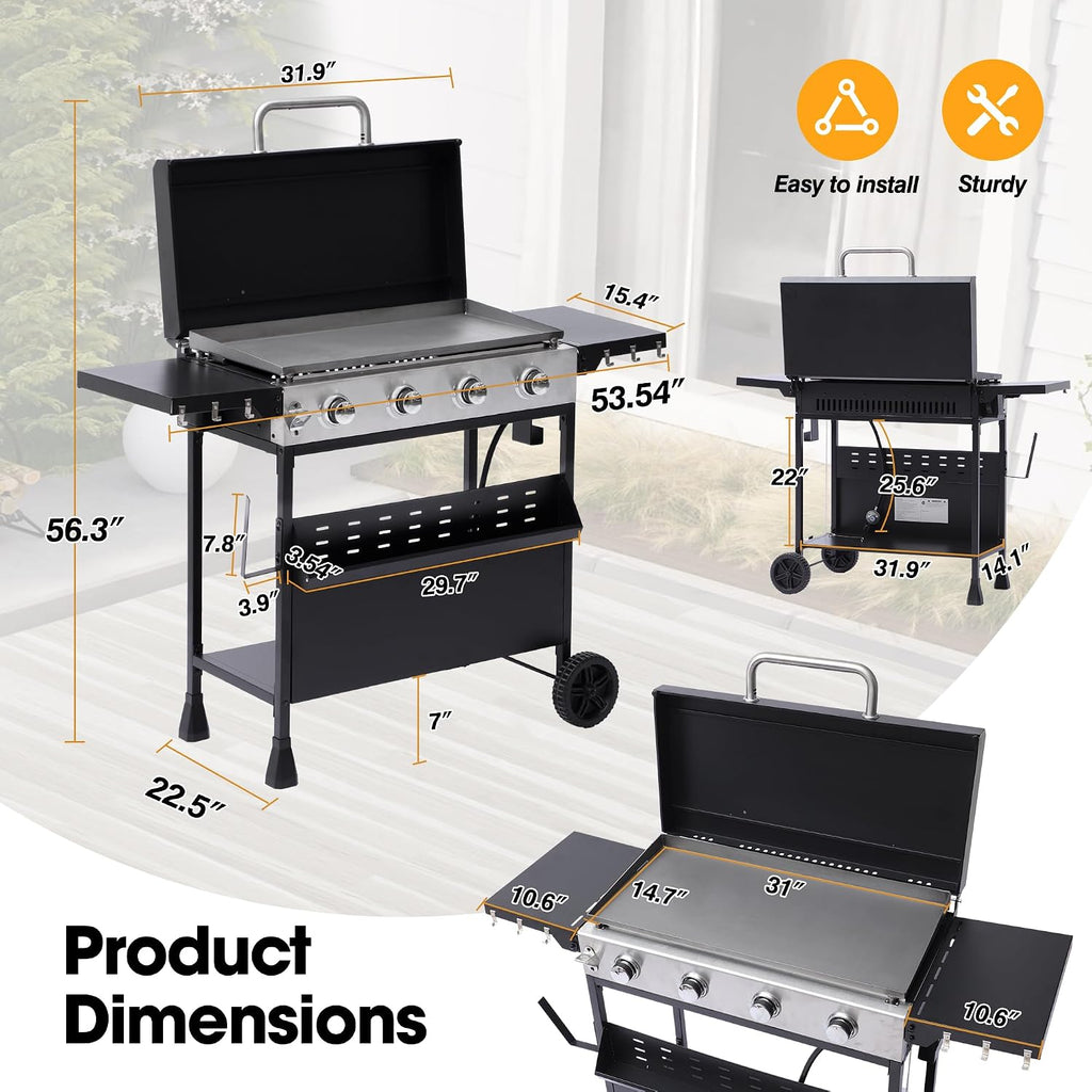 4-Burner Propane Gas Griddle with Removable Stand, 40,000 BTU Flat Top Grill with 455 sq.in Cooking Area, Portable Outdoor BBQ Grill w/Foldable Side Tables, Wheels for Patio, Backyard, Camping