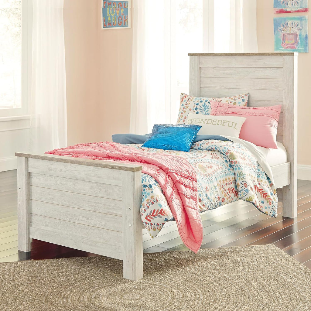 Signature Design by Ashley Willowton Casual Twin Panel Bed with Metal Slats, Foundation or Box Spring Needed, Whitewash